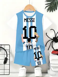 2026 Summer Kids Messi Set, Argentina Blue Striped 10 Number Tee Shorts Two-Piece, Boys Football Sport Casual Clothing, Sport Specific Clothing, Football Uniform