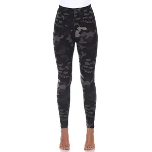 212 MAIN Women's Camo Stretchy Comfy Leggings - Midi-Rise, Slim Skinny Leg, Polyester-Spandex Fabric, Flat, Casual Black Army Color Bottoms