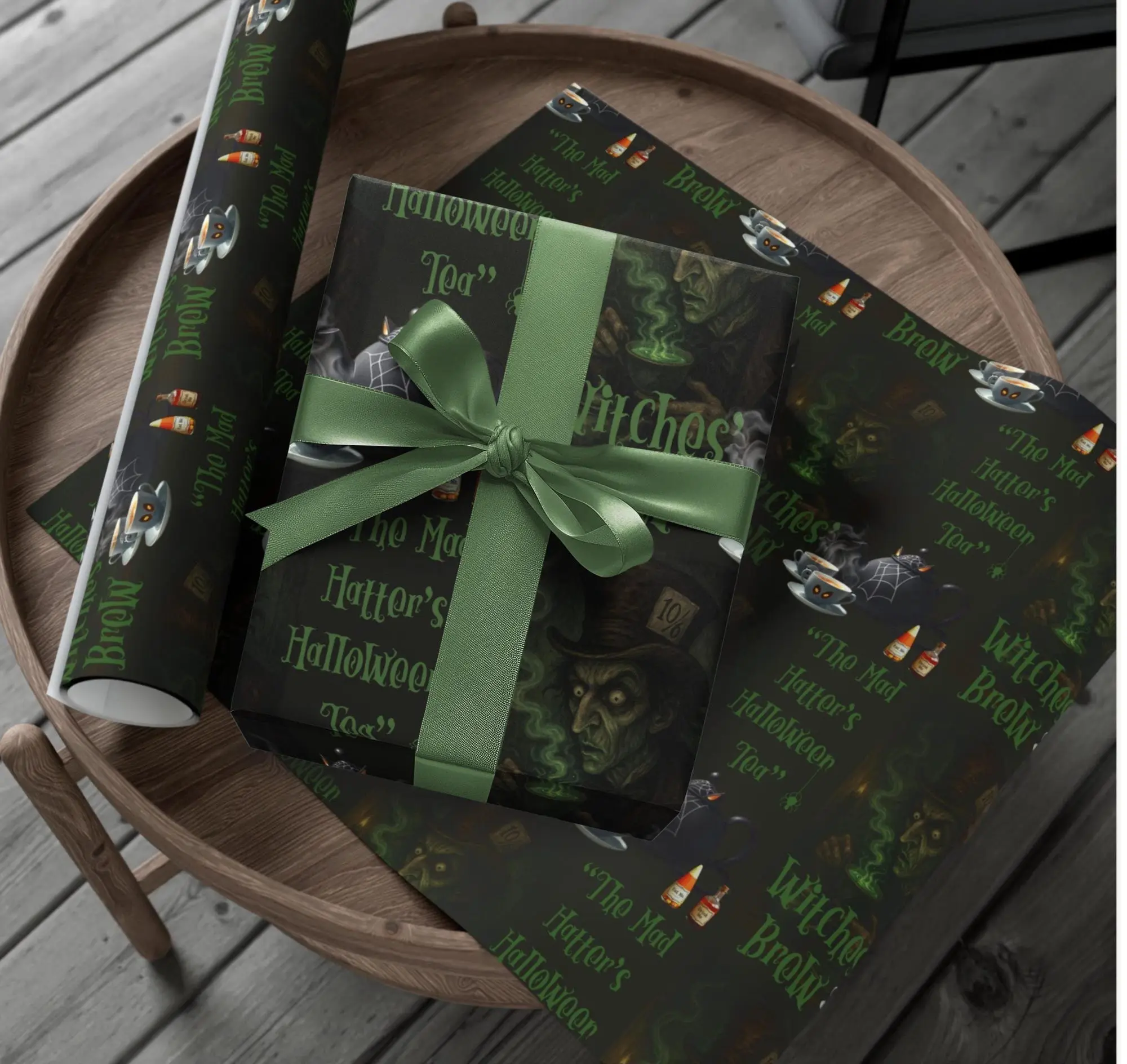 Halloween Mad Hatter Tea Party Gift Wrap Spooky Green & Black