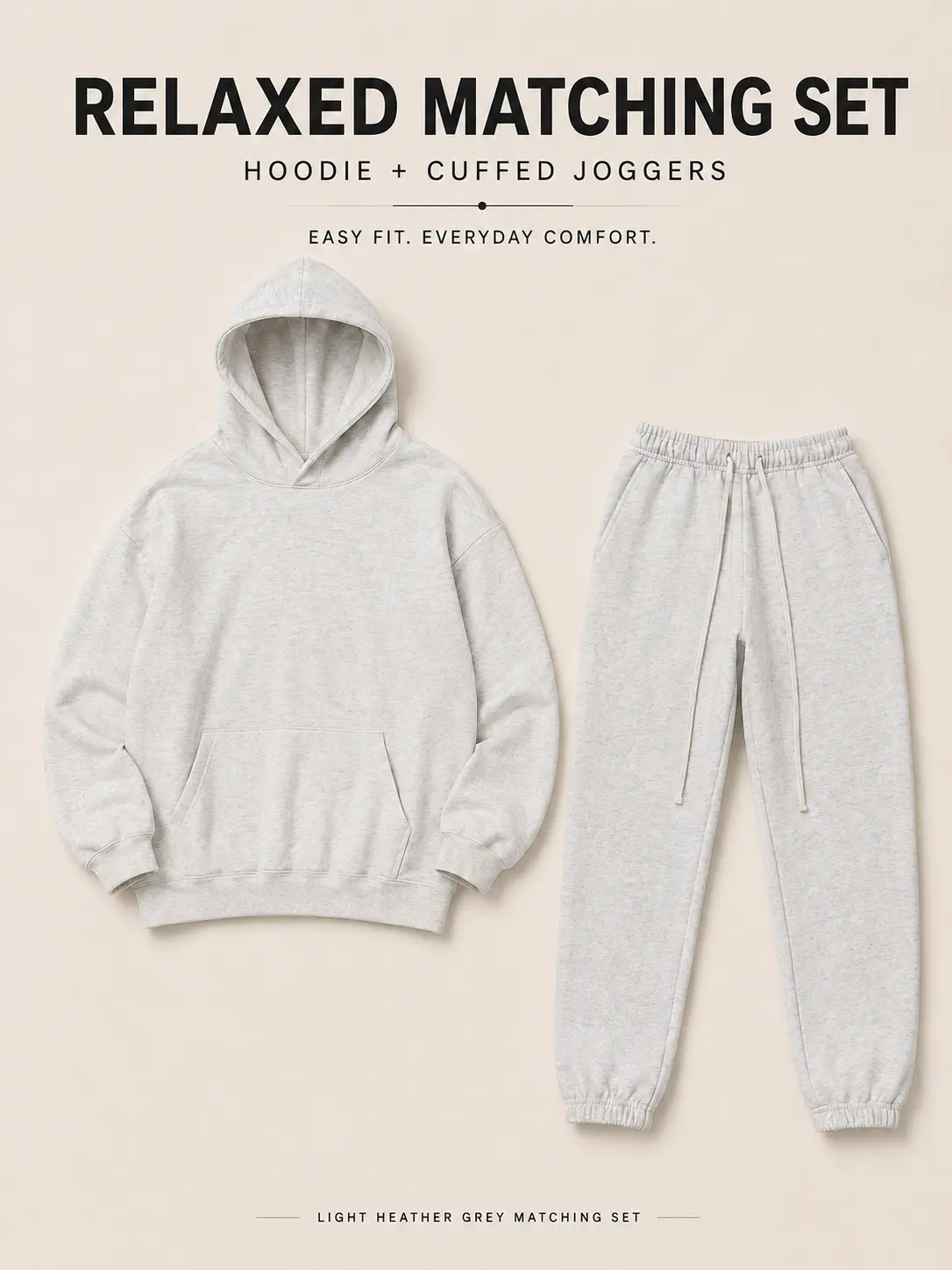 Men’s Light Grey Relaxed 2-Piece Sweatsuit Set - Pullover Hoodie & Cuffed Jogger Pants, Cozy Streetwear Casual Outfit
