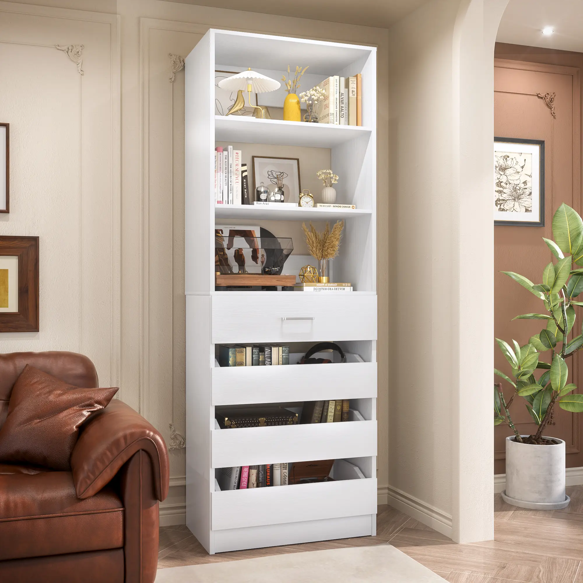 21.3" Closet System with 4 Wooden Drawers, Modern Walk-in Closet Organizer with Open Shelves, Modular Drawers System Tower, Sturdy Home Small Closets Wardrobe Rack