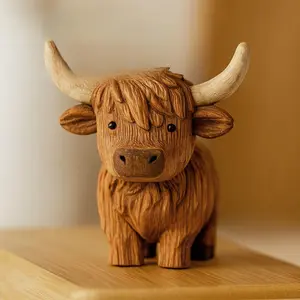 Hand Carved Highland Cow Statue Home Decor Craft Ornament Resin Sculpture for Living Room Office Desktop Decoration