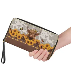 Highland Cow Wristlet Wallet for Women, Leather Purse with Zipper Card Slot, Cute Sunflower Butterfly Coin Cash Holder Bag, Valentine‘s Day Gift for Her GF Wife
