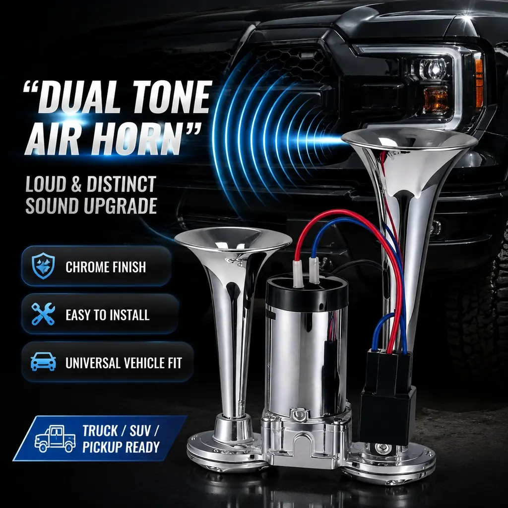High-pitched dual-tube air horn set with an air compressor and a dual-tube air horn, suitable for any 12V vehicle. This car horn set is suitable for: RVs, SUVs, motorcycles, off-road vehicles, ships, electric cars, trucks, and modified cars.