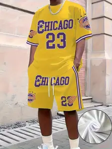 Men's Chicago number trendy Fitted Knit round neck short-sleeved shorts two-piece suit, 3D digital high-definition printing, summer leisure and comfortable vacation sportswear