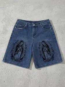 'Denim Shorts' Virgin Mary & Rose Print | Edgy Religious Streetwear Aesthetic | Unisex OOTD Essential | TikTok Viral Y2K Casual Daily Wear Statement Bottoms for Men Women 2026 Spring New Drop