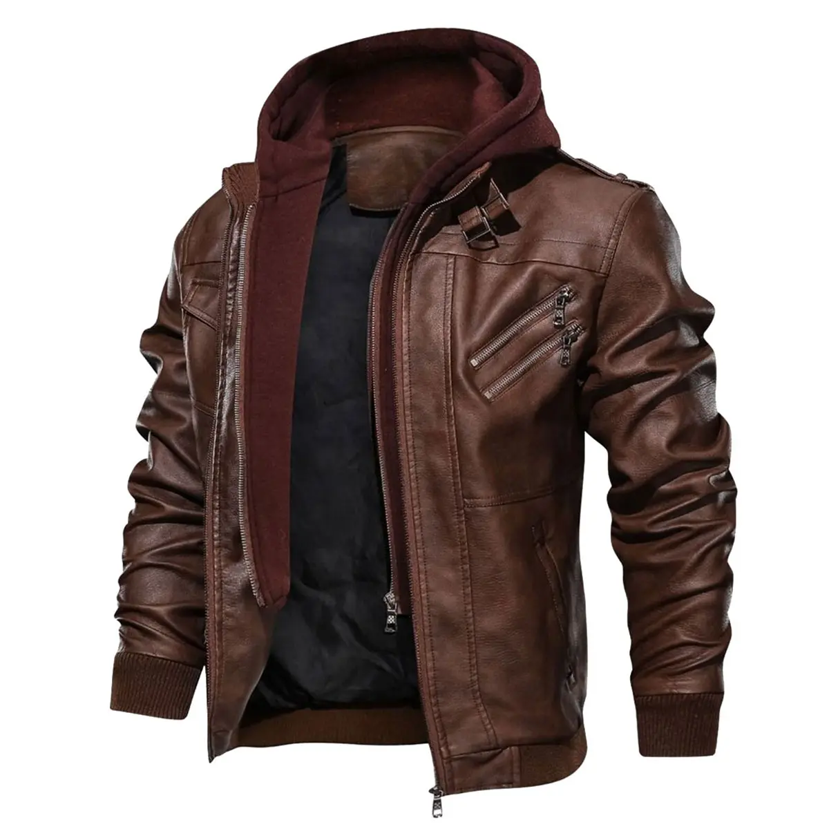 Men’s Removable Hood Faux Leather Biker Jacket - Long Sleeve, Stylish Colorblock Fashion, Slim-Fit Zip-Up PU Coat, Windproof, Additional Warmth, Multiple Zippered Pockets, Cold Weather Everyday Outerwear