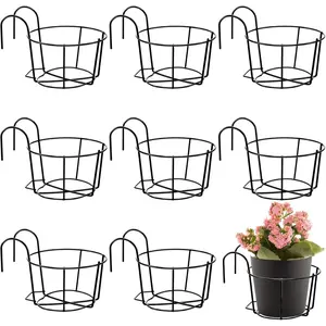 10 count Round Hanging Railing Planters Outdoor Balcony Planters Metal Hanging Baskets Flower Pot Holder for Fence Indoor Porch Shelf Container(5.3 Inch,Black)