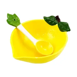 Golden Lion Creative Ceramic Dessert Salad Bowl Set with Lemon Design - 15x12x5.5CM Bowl & 14CM Spoon