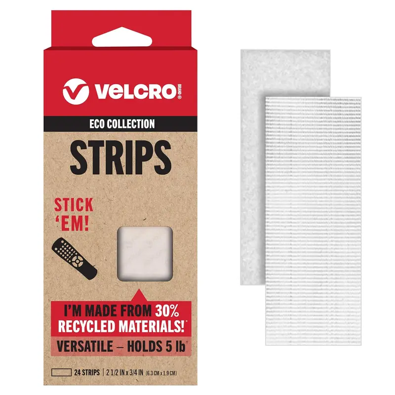 VELCRO Brand ECO Collection | 24 Sets | Stick'EM Hanging Strips with Adhesive | Easy Mounting | 2-1/2in x 3/4in, White with Sticky Back