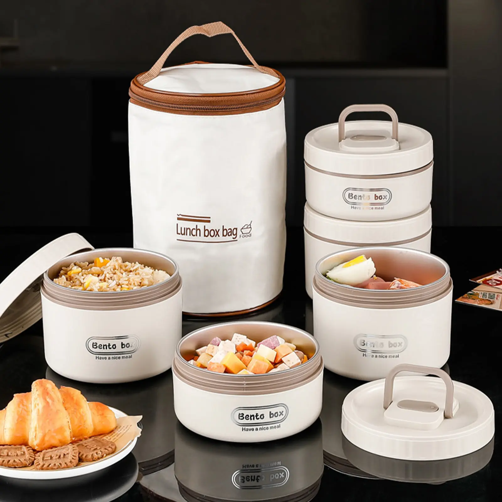 2/3/4-Layer Round Stainless Steel Lunch Box Set with Insulated Bag, Reusable Portable Lunch Box Container, Food Bento Box, Suitable for Office Outdoor School Camping (420ml and 620ml)