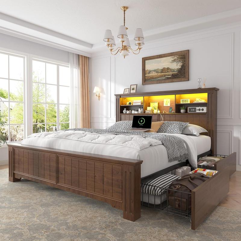 Raybee Full Queen King Bed Frame with 4 Storage Drawers,  LED and Charging Station,  Farmhouse Bed Frame with Headboard and Metal Slats, Holds 900LBS, Noise-Free