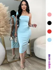 Elegant Women's One-Shoulder Bow Dress, Light Blue Slim Fit Party Gown, Sexy Dancewear for All Seasons, Ladies Fashion Dress