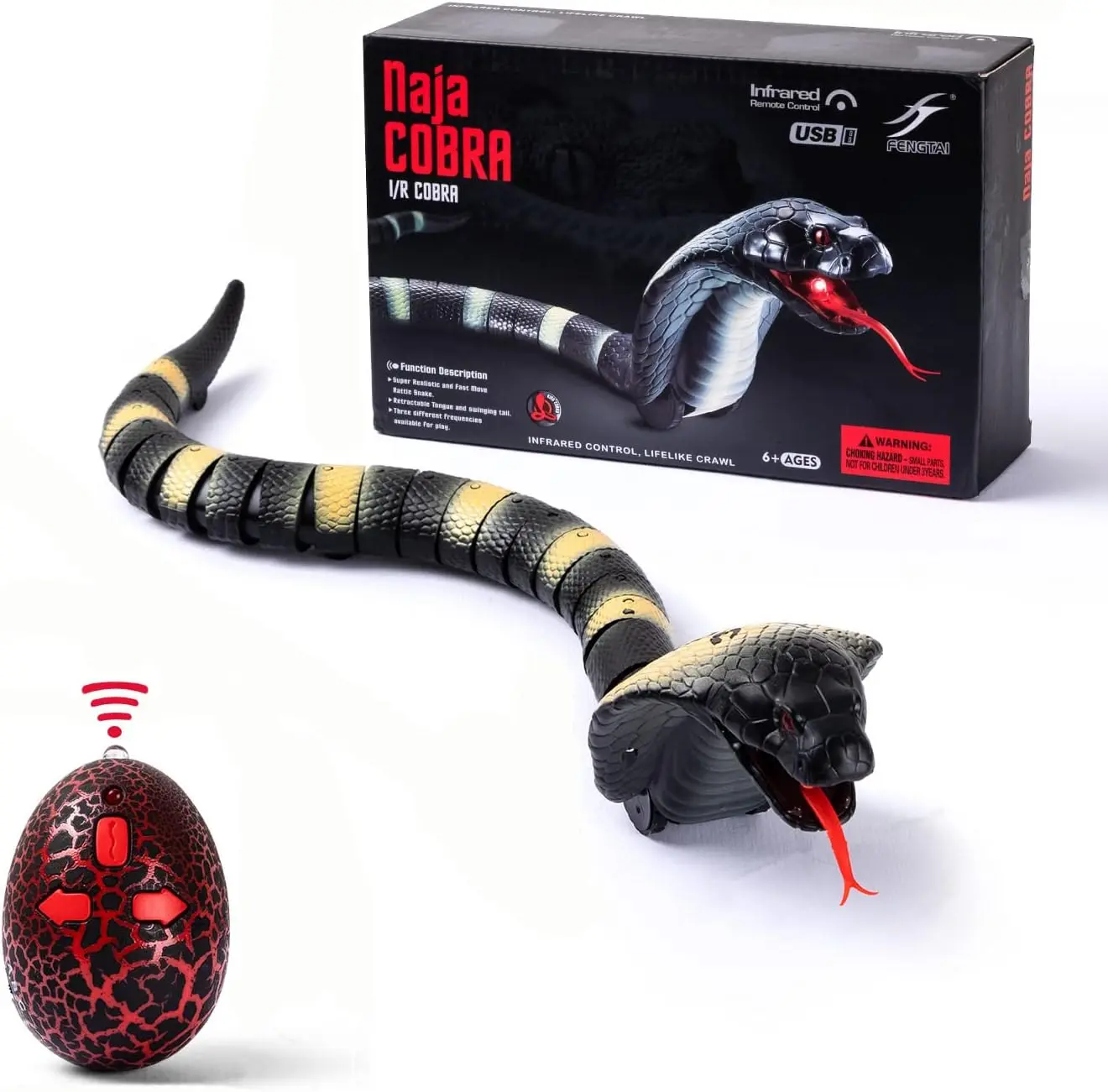 RC Snake Toy: Realistic Prank Cobra, Rechargeable, Smart Sensing, Infrared Controller for Kids/Cat
