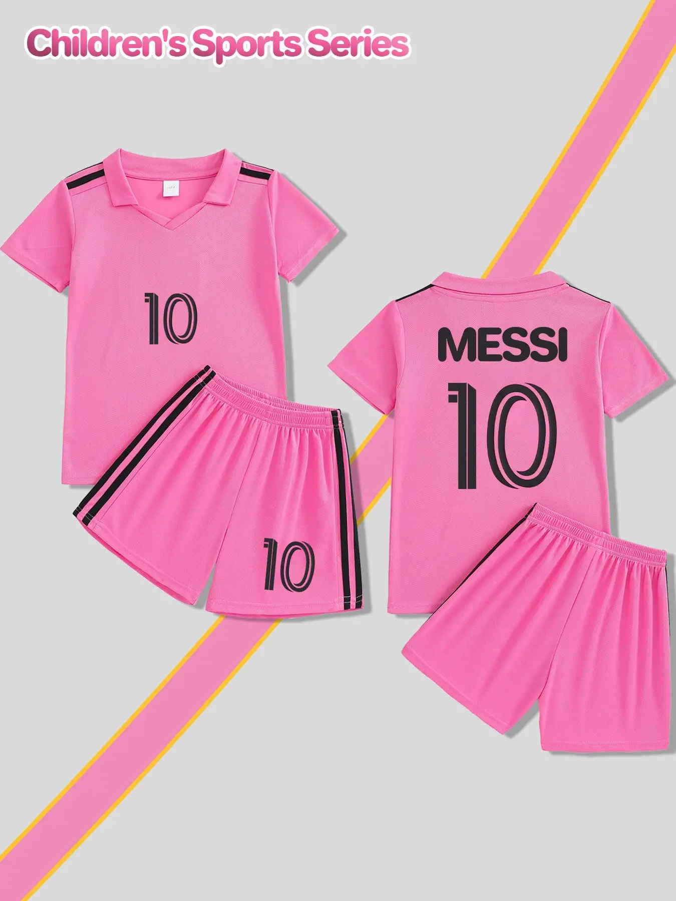 Children's summer sports suit named MESSI with the number 10, V-neck football T-shirt and shorts, quick-drying and sweat-wicking, comfortable and fit, suitable for sports, leisure and outdoor running, Sporty Tee Set, Sports Clothing Set, Soccer Jersey
