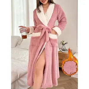 Women's Solid Belted Pocket Fuzzy Bathrobe, Casual Long Sleeve Shawl Collar Warm Robe, Ladies Sleepwear for Fall & Winter
