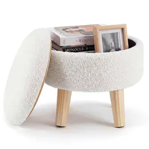 Storage Ottoman - Modern Round Teddy Velvet Footrest with Soft Padded Seat, Wood Legs, Accent Small Table & Plant Stand for Hallway, Living Room