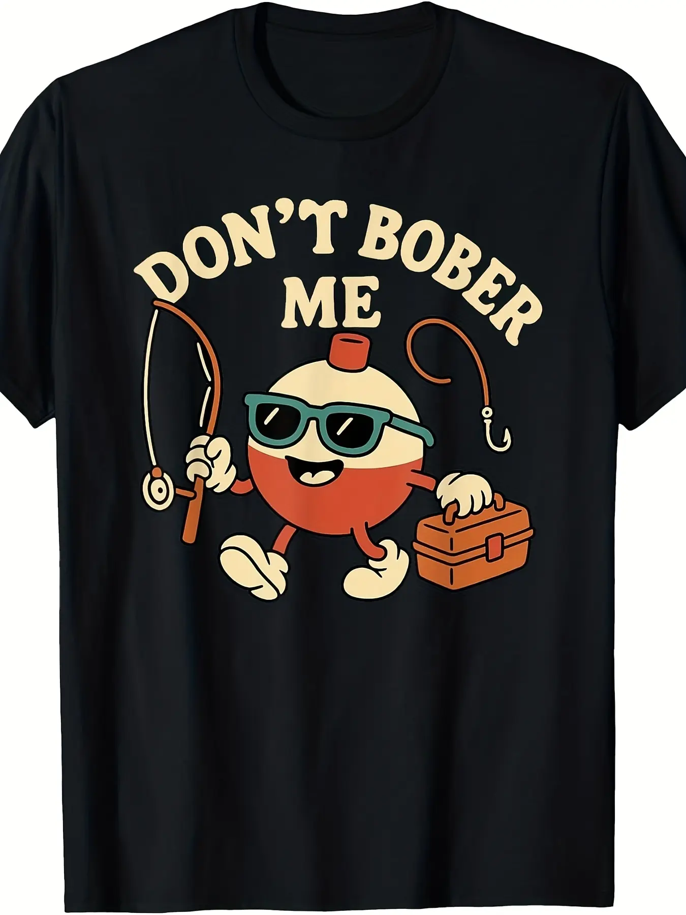 Men's Casual Cotton Vintage Cartoon Bobber Black Short-Sleeve T-Shirt, Perfect Novelty Gift For Bass Anglers