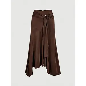 Women's casual patch side seam asymmetrical hem MIDI skirt, urban elegant and unique style, suitable for daily wear, comfortable and fittedRAIMENTRY