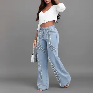 ChicCurve High-Waist Wide-Leg Denim Pants with Faux Pearl Beading Flattering Silhouette for Streetwear Dates & Parties - Fabric