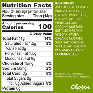 Chosen Foods 100% Avocado Oil-Based Classic Mayonnaise, Gluten & Dairy Free, Low-Carb, Keto Diet Friendly, Mayo for Sandwiches, Dressings and Sauces, Made with Cage Free Eggs (12 fl oz)