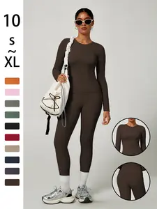 Women's Plain Long Sleeve Top & Pants Set, Comfortable Tight-Fit for Yoga Home Gym, Yoga Gym Outfits, Casual Kardashian Style Clothing