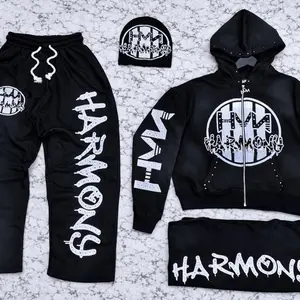 Harmony Black Hoodie Set with Matching Sweatpants and Beanie - Stylish Graphic Design for Men