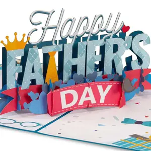 Happy Father's Day Pop Up Card 5"x7" 3D Design with Removable Note Tag Premium Cardstock Laser Cut Details Elegant Metallic Cover