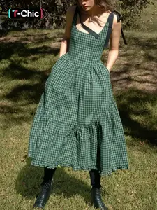 Women's Gingham Print A Line Dress, Casual Sleeveless Tie Shoulder Ruffle Trim Dress for Daily Wear, Ladies Clothes for All Seasons, Casual Dresses