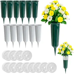 Cemetery Vases for Grave,12 Pack Cemetery Flower Holder with Spikes,Grave Decorations for Cemetery Memorial Plastic Cemetery Floral Vase (12, Green+Gray)