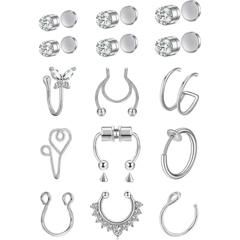 15pcs Fashion Fake Septum Fake Nose Rings Hoops, Faux Nose Piercing Hoop Clip On Nose Rings, Non Piercing Sparkling Body Piercing Jewelry for Women Men
