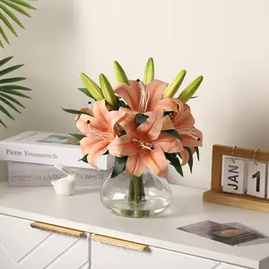 Gaomon 6-Pack 13in Realistic Silk Lily Bouquets Set with Glass Vase - Decorative Floral Lilies, No Maintenance, Bendable Stems, Ready-to-Display, Orange for Room Decor, Wedding, Home Gift Option