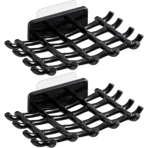 Soap Bar Holder for Shower Wall, Self Draining Soap Dish with Hooks, No Drilling, Bathtub Kitchen Sink  Adhesive Wall Mounted Dish (2 Pack, Black)