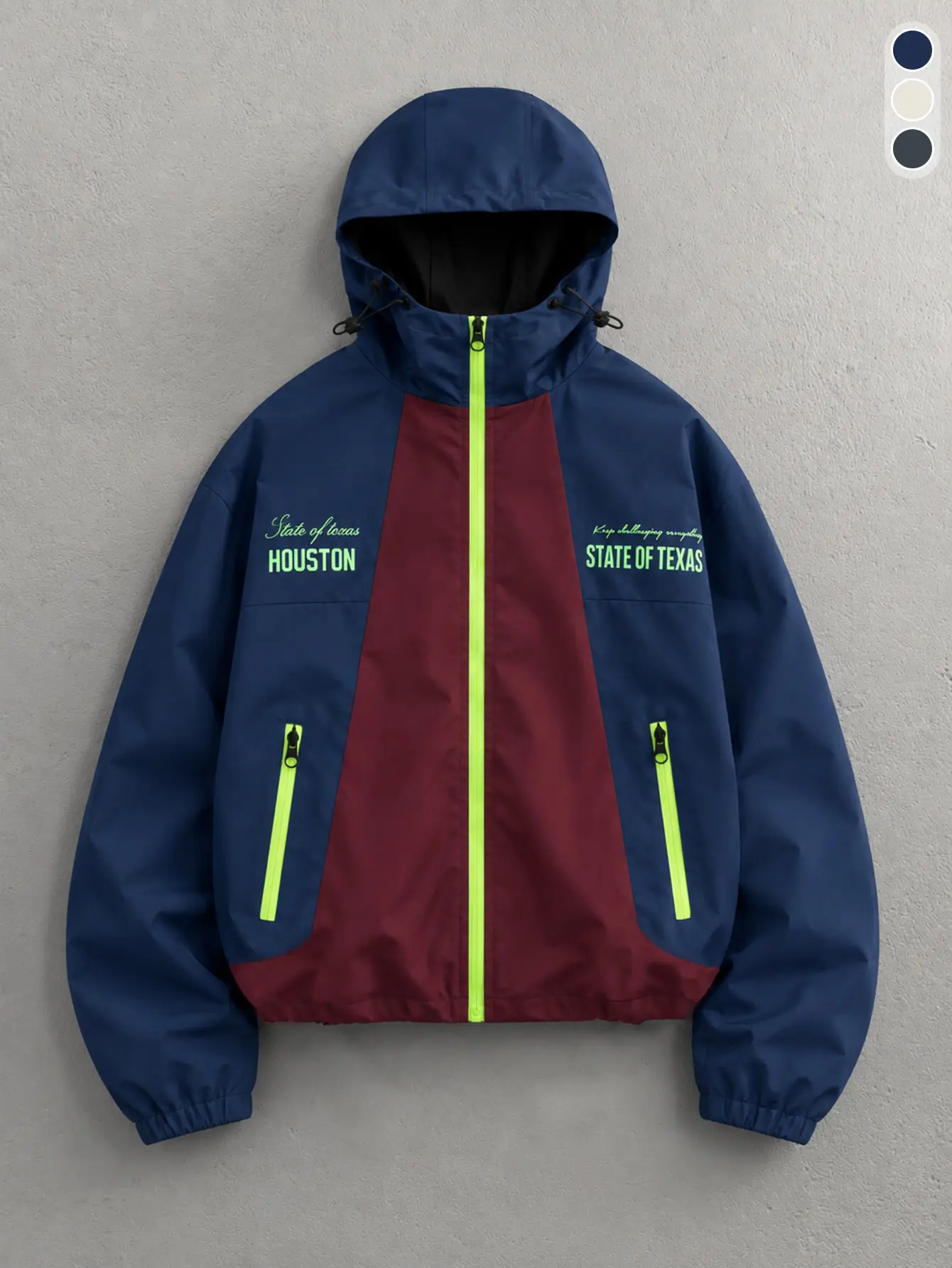 American-style Dezhou-themed color-block hooded functional jacket with asymmetrical left/right English slogan print, fluorescent side zipper security pockets, elastic cuffs, versatile top for urban walks and short trips