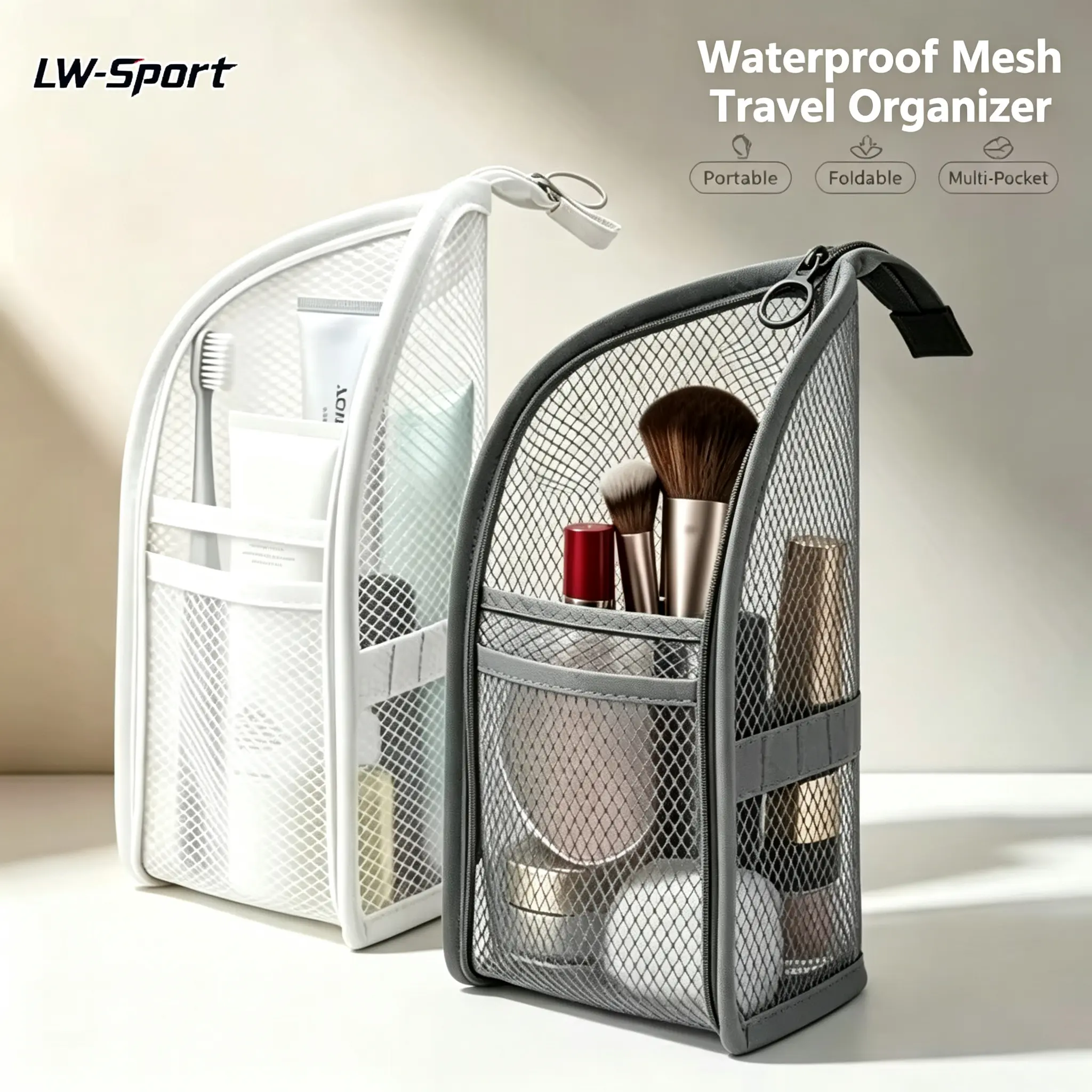 Stand Up Toiletry Bag for Travel, Hanging Travel Toiletry Organizer with Zipper & Multiple Pockets, Waterproof Mesh Wash Bag, Portable Makeup Organizer for Women & Men, Travel Essentials for Vacation, Gym & Dorm