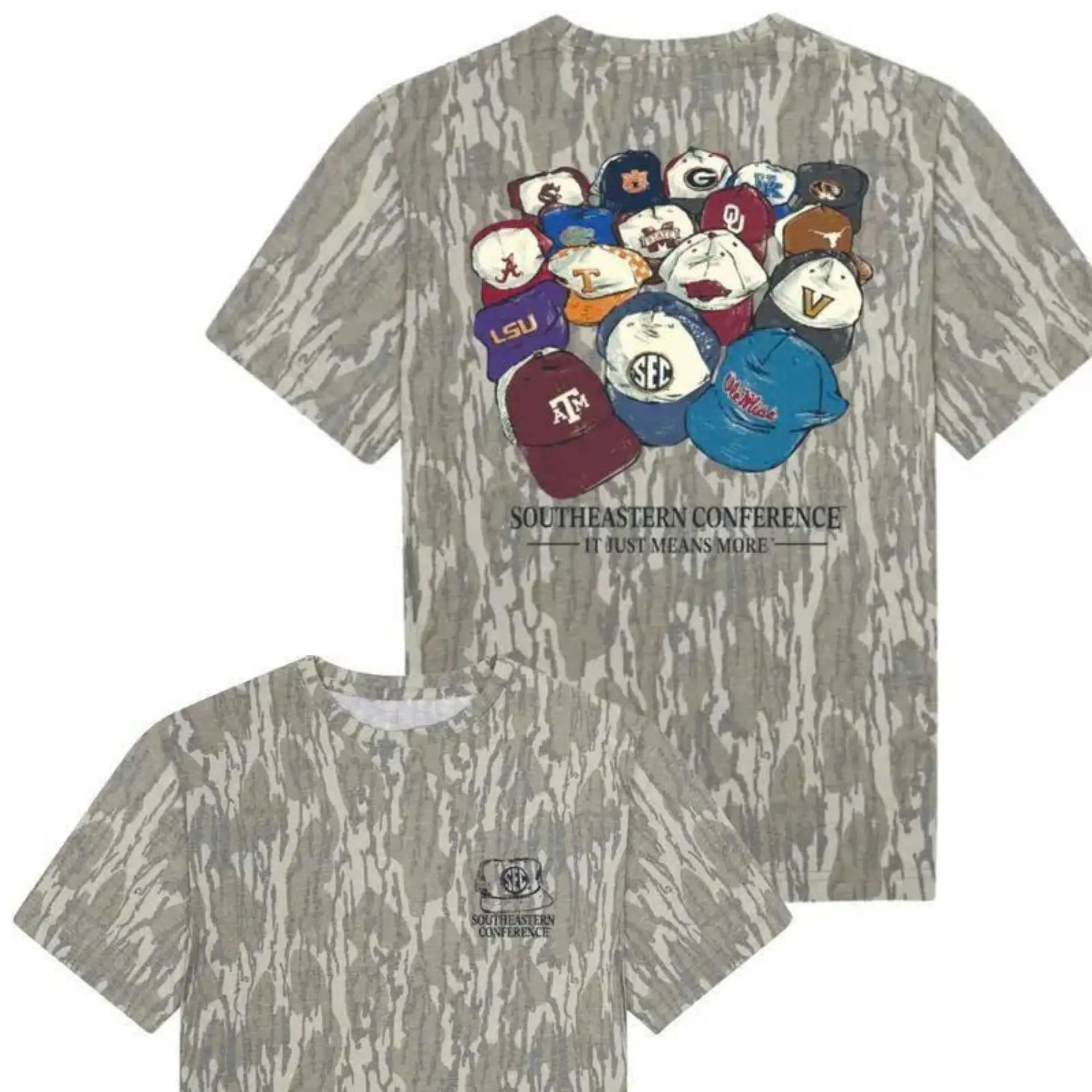 Mossy Oak Tee Southeastern Conference, Sport College Graphic Bottomland Camo T-shirt, Hip Hop Streetwear Outdoor Shirt, Uniform Tee