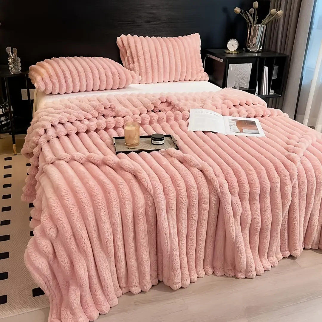 [Summer Sale Deals]Pink Plush Ribbed Throw Blanket for Bed and Couch, Fuzzy Textured Blanket in Soft Blush Pink, Cozy Bedroom Bedding Layer, Decorative Sofa Throw, Cute Room Decor Accent for Dorm, Apartment, Living Room, Gifts, Winter, Movie Nights and Ev