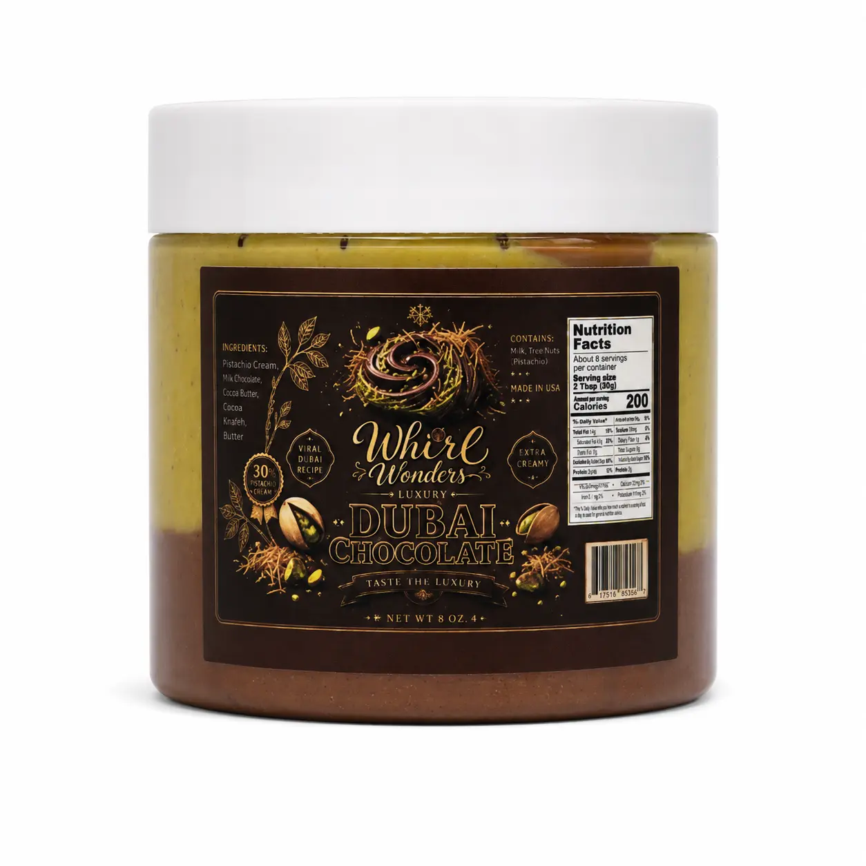 Dubai Chocolate Pistachio Spread – Real Pistachios & Crispy Katafi | Luxury Milk Chocolate Paste | 8 oz | Made in USA