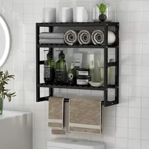 Over The Toilet Bathroom Storage Shelves, 100% Bamboo Adjustable Height Floating Shelf with Towel Bar, Black Wall Shower Shelf for Small Space Bathroom Kitchen