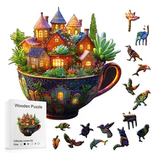 Viral Teacup Fairy Village Succulent Wooden Puzzle Irregular Animal Shapes 5A High Difficulty Fidget Toy for Anxiety Relief Natural Wood Smooth Edges Home Decor Creative Birthday Gift for Adults Kids