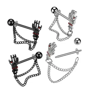14G Pair of Nipple Rings • Skull Hands Nipple Barbells • Nipple Jewelry • Double Chain Dangle • Straight Barbell • Nipple Piercing • Silver