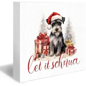 Miniature Schnauzer Christmas Wood Box Sign, Let It Schnau Desk Shelf Decor, Dog Christmas Decorations, Christmas Dog Gifts Winter Wooden Block Plaque Box Sign for Home Room Table Decor,5x5 inch