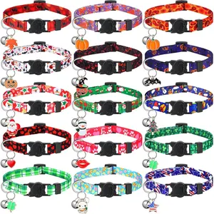 15 Pcs Holiday Cat Collars Thanksgiving Christmas Adjustable Breakaway Cat Collars Bundle with Plastic Buckle for Fall Seasonal Holiday Pet Kitten