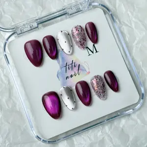 TiTinails Purple Cat Eye Press On Nails| Almond Shape| Glitter Accent| 100% Handmade 10pc Reusable Set