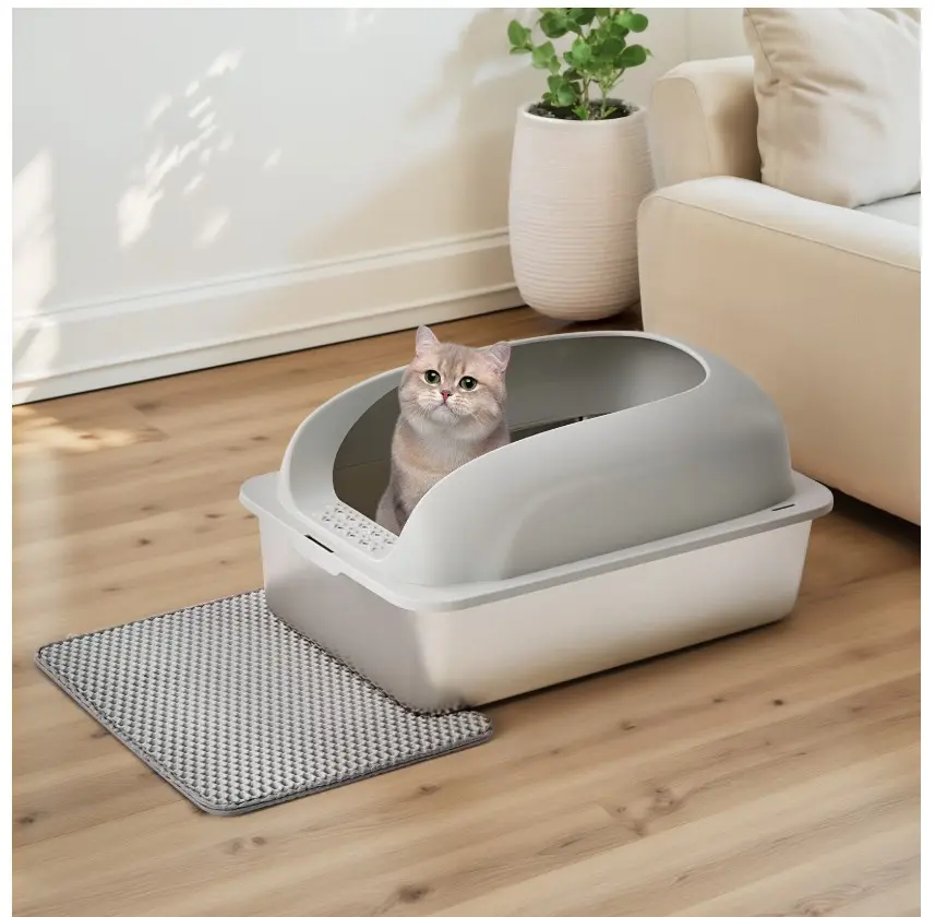 Extra Large Stainless Steel Cat Litter Box with Lid, High Wall Enclosure, Non-Stick and Leak-Proof Metal Tray, Easy to Clean, Light Gary