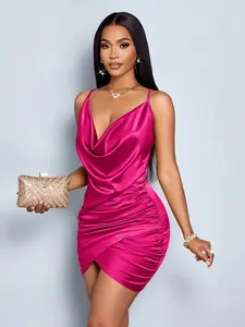 Hot Pink Satin Mini Dress - Ruched Bodycon Party Dress