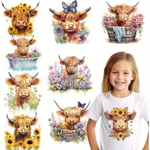 Highland Cow Iron on Transfers, 9 Counts/set Cute Cow Heat Transfer Stickers for T-shirts, Hoodie, DIY Crafts, Ready to Press, DTF Transfers