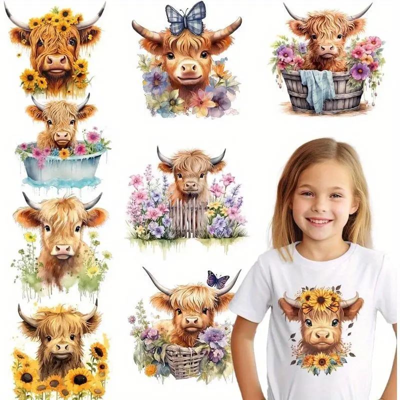 Highland Cow Iron on Transfers, 9 Counts/set Cute Cow Heat Transfer Stickers for T-shirts, Hoodie, DIY Crafts, Ready to Press, DTF Transfers