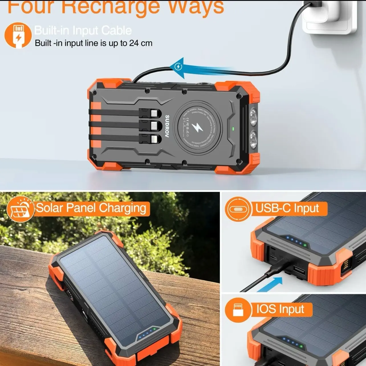 SUDROV W33A Solar Charger Power Bank 42800mAh Wireless Charger Built in 4 Cables 7 Outputs 15W Fast Charging Power Bank for All Mobile Devices 3 Inputs Solar Portable Charger with Dual Flashlights, Carabiner and Thermometer Sold by BLAVOR ENERGY
