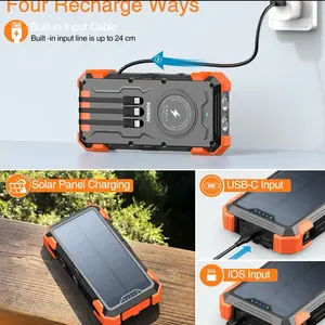 SUDROV W33A Solar Charger Power Bank 42800mAh Wireless Charger Built in 4 Cables 7 Outputs 15W Fast Charging Power Bank for All Mobile Devices 3 Inputs Solar Portable Charger with Dual Flashlights, Carabiner and Thermometer Sold by BLAVOR ENERGY